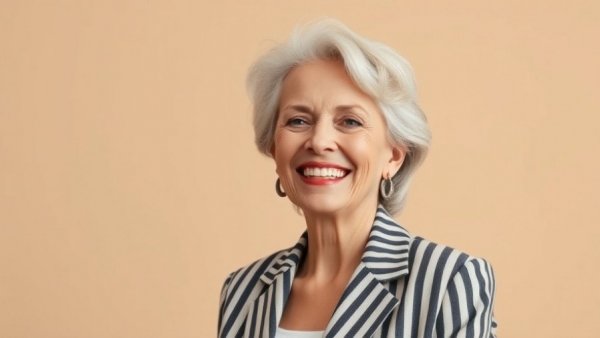 Smiling woman showcasing beauty in striped blazer, Martha Stewart selfie beauty.