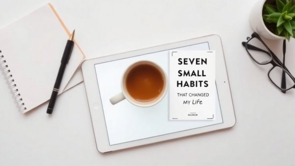Minimalist flat lay with an ebook on a tablet titled 'Seven Small Easy Habits That Changed My Life', featuring glasses and a coffee mug.
