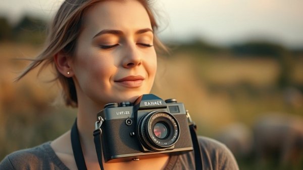 Vintage camera hanging around neck symbolizing mindfulness and the rise of analog living.