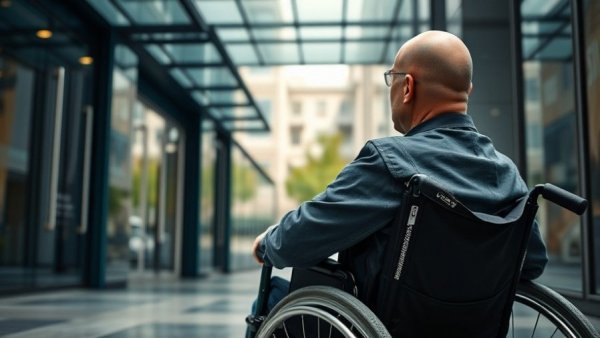 Wheelchair user at accessible entrance reflecting Eagle Scout projects.