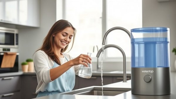 Woman using Waterdrop filtration system in modern kitchen