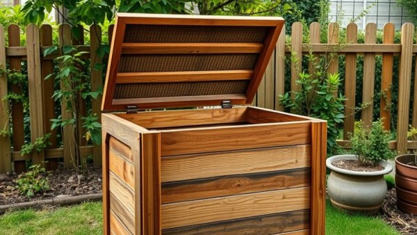 DIY compost bin ideas: wooden bin with open lid in backyard