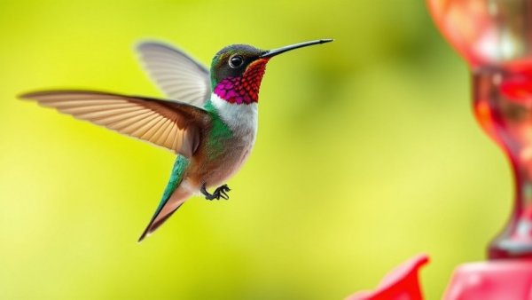 Hummingbird at bird feeder, attract birds to your backyard.