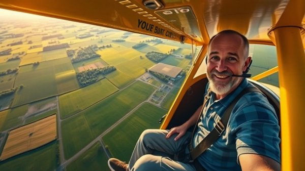 Piper J-3 Cub experience with lush fields and joyful pilot in cockpit.