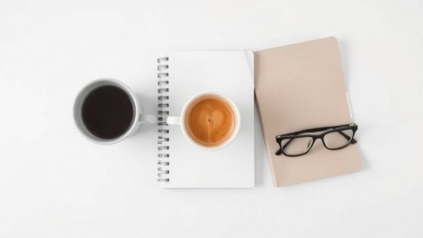 Minimalist ebook cover with coffee, glasses, and notebook.