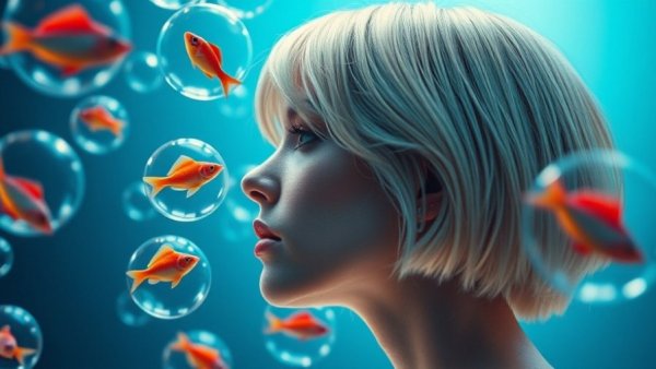 Surreal artwork featuring woman with fish bubbles in gradient background, PDRN skin care.
