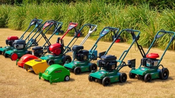 Lineup of best brush cutters 2026 on dry grass.