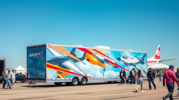 Airshow trailer with jet graphics, people nearby observing, clear sky.