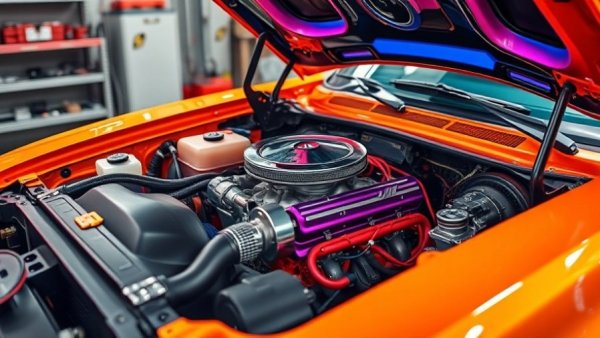 Detailed car engine with vibrant colors under open hood, car ticking noise.
