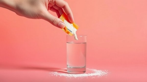 Hand pouring collagen supplement into glass, colorful background.