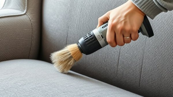 Close-up of using a drill for cleaning gray upholstery.