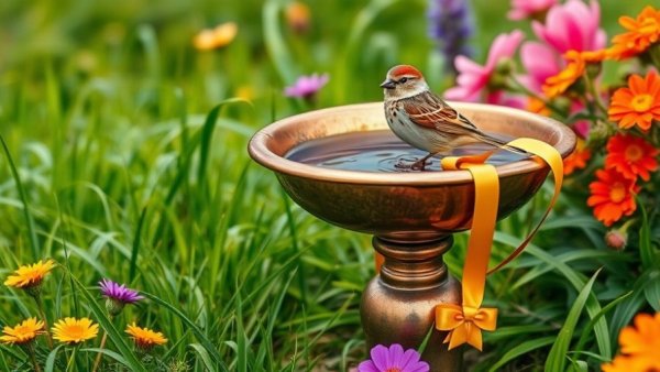 Copper bird bath gift with flowers, ideal for Mother's Day garden.