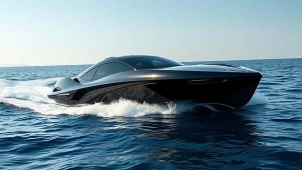 Sleek Ferrari Hypersail sailing in open sea, photorealistic image.