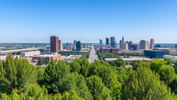 Kansas City skyline with spring greenery, highlighting cityscape.