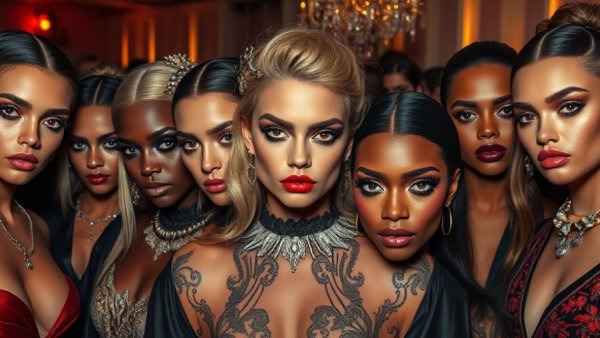 Fashionable individuals with artistic dark circles at a gala event.