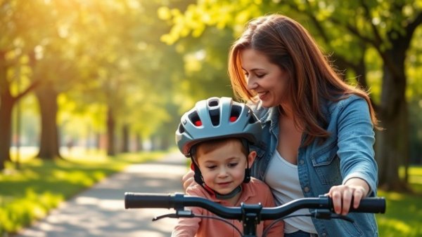 Mother securing helmet on son, fostering courage in motherhood