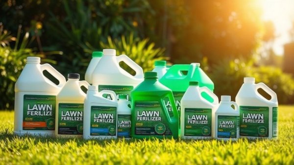Lawn fertilizers displayed on grass under bright sunlight.