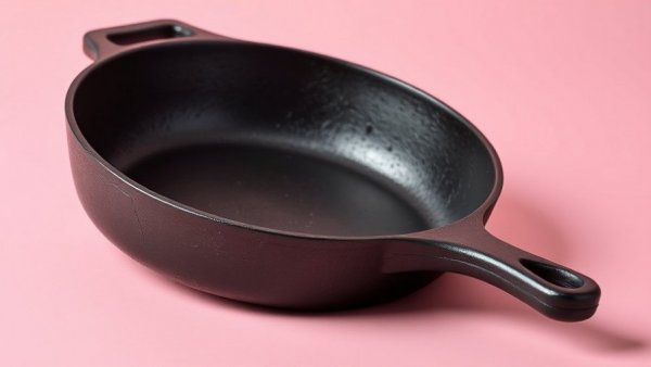 Sturdy cast iron skillet on pink surface, products that last a lifetime.
