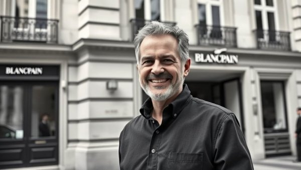 Smiling man outside Blancpain underlining Swiss high-end watch market resilience.