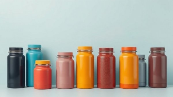 Three thermos jars in different colors against a light background.