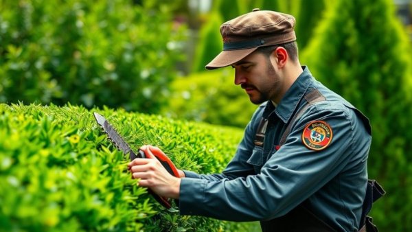 Professional gardener trimming hedge, Tree Care Kansas City.