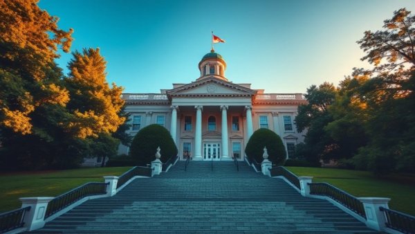 Rhode Island State House at sunrise, showcasing architecture.