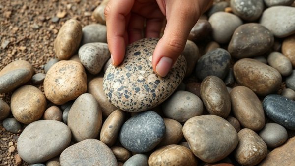 Gardener arranging stones in artistic garden rock art.