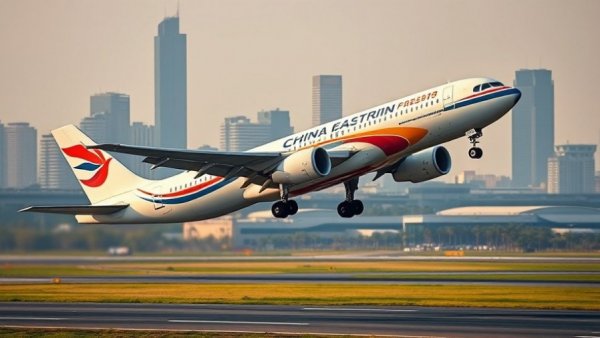 Vibrant China Eastern airplane taking off with city skyline