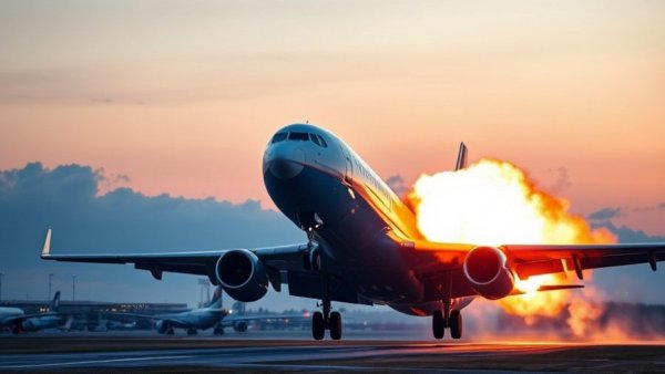 Plane engine fire during takeoff sequence highlighting aviation safety issues.