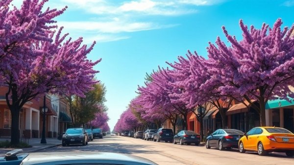 Spring tree trimming Kansas City vibrant street with purple flowers.