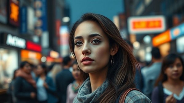 Power of Tiny Shifts: focused woman in blurred crowd.