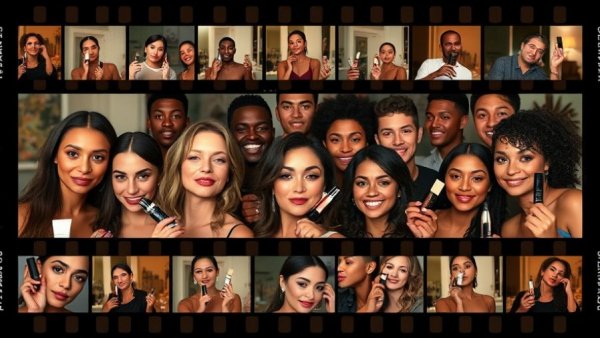 Collage of people with Pat McGrath Labs products in film strip style.