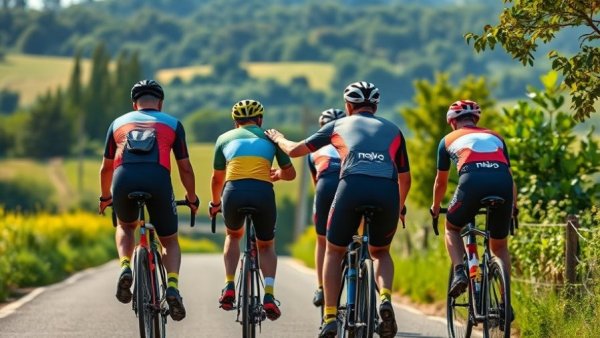 Cyclists supporting each other on a scenic road.