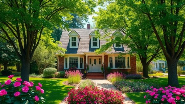 Charming house with lush garden for spring tree care checklist in Kansas City.