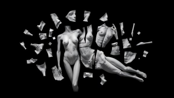 Artistic representation highlighting extreme thinness health risks with fragmented body parts.