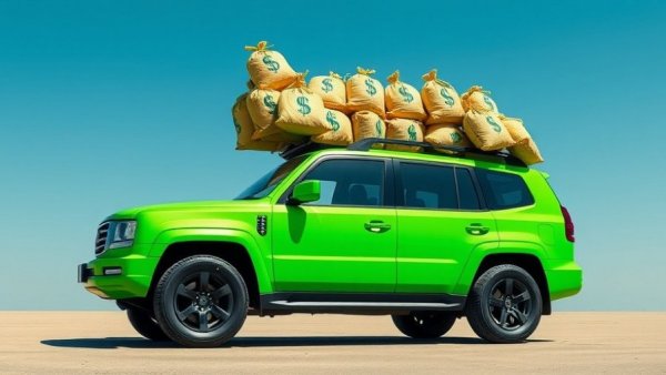 Green SUV carrying money bags symbolizing auto loan debt crisis.