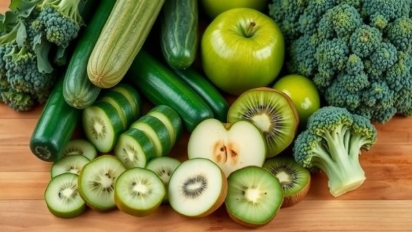 Assorted green prebiotic foods including apples, kiwis, and cucumbers.