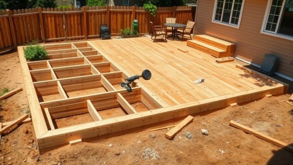 DIY deck building experience showing wooden foundation in backyard.
