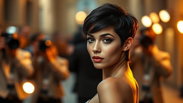 Elegant brunette with bixie haircut in red and black dress at event.