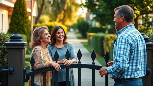 Friendly meeting new neighbors over a garden gate