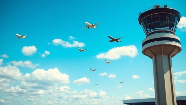 FAA recruits contracted air traffic controllers with control tower and airplanes in sky.