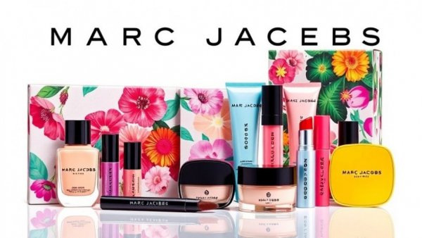 Colorful Marc Jacobs Beauty relaunch products arranged on white.