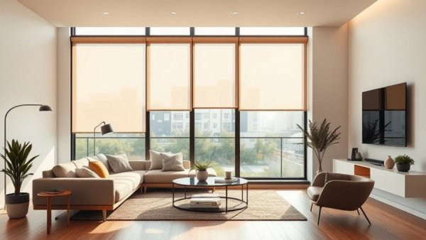 Contemporary living room with motorized shades, Memorial Day sale.