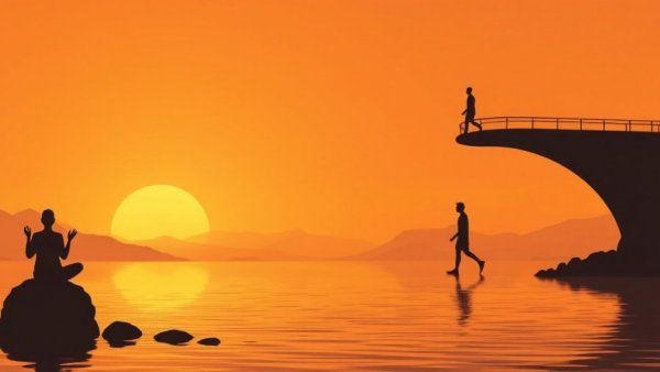 Micro-Practices and Daily Choices: Silhouettes meditating and walking in serene landscape scene.