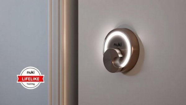 Nuki Smart Lock installed on a door with a test badge.
