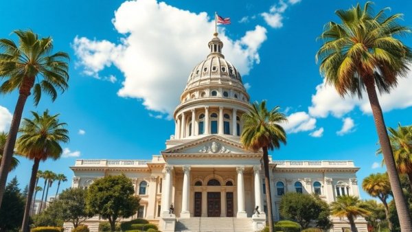 California State Capitol building with lush greenery and blue sky.