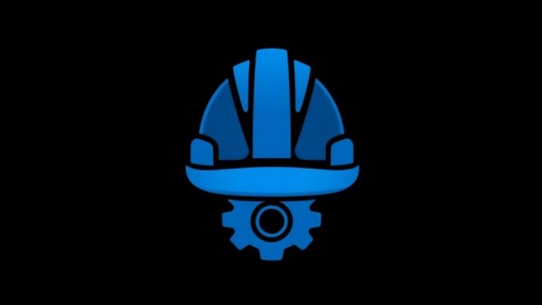 Blue and black construction helmet logo with gear design.