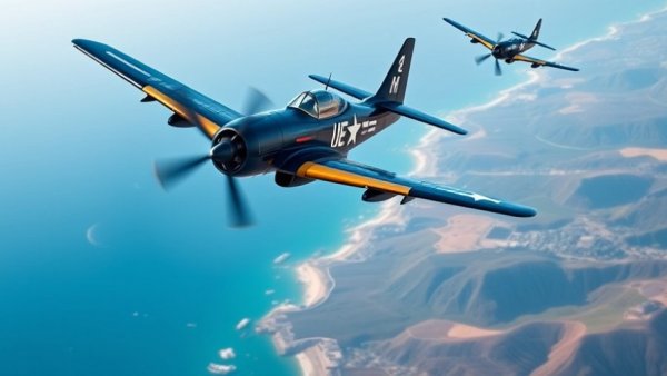 F4U Corsairs in flight over ocean, Baa Baa Black Sheep presentation.