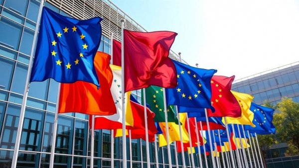 EU flags representing tax disclosure standards, outside modern building.