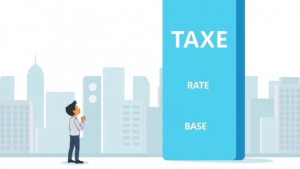 Illustration comparing tax rate vs tax base with cityscape background.